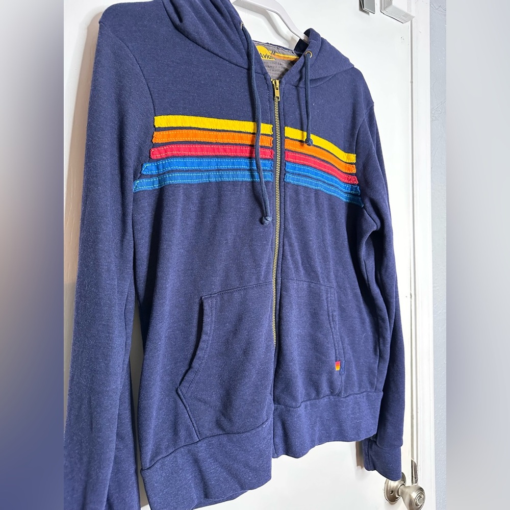 Aviator Nation Dark Blue Hoodie with Colorful Stripes. Men’s Medium - Picture 2 of 7